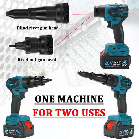 CelyToe Electric Rivet Tool Kit With 2 Config Options For Pro Work, Includes Battery Charger, Interchangeable Nozzles And Rivet Nut Mandrels For M3 To M8, Heavy Duty Portable Power Set, 26V battery