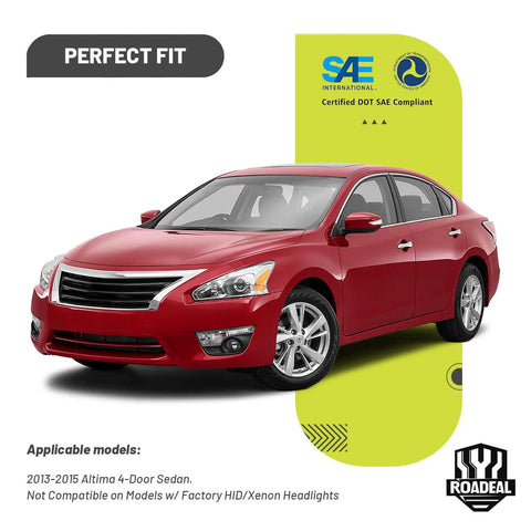 Front view of a red 2013-2015 Nissan Altima sedan showcasing Halogen Headlights With Bulbs For 2013 2014 2015 Nissan Altima 4 Door Driver And Passenger Side Replacement Not For Xenon HID OE Style Plug And Play Direct Bolt On And Ready For Night Performance.
