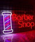 Lit Barber Shop Neon Sign For Wall Decor LED Neon Lights Red Blue White 24 By 13.8 Inch Indoor Display on wire grid wall