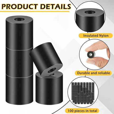 100 Pcs Top Shelf Black Nylon Spacer Washers 1/2 Inch Thick By 1/2 Inch Outer Diameter stacked for electrical outlet extender use.