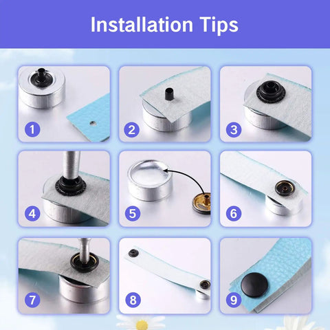 Installation tips for Badass Marine Grade Stainless Steel Snap Fasteners 120 Piece Heavy Duty Press Stud Kit, showcasing various steps.