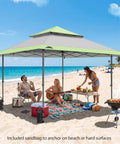 Beach picnic under 13x13 Straight Leg Pop Up Canopy Tent No Fuss One Person Setup, 169 Sq Ft Shade, Auto Extending Eaves