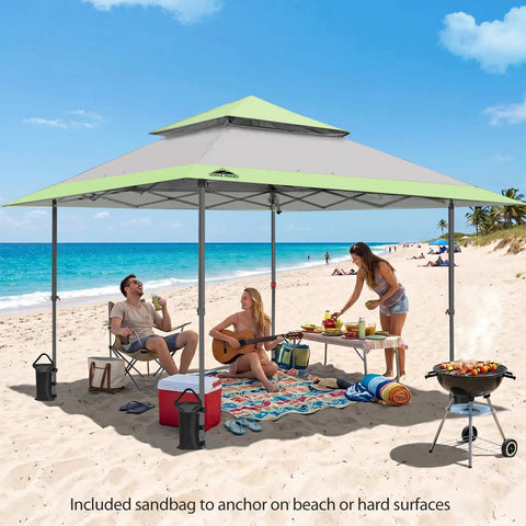 Beach picnic under 13x13 Straight Leg Pop Up Canopy Tent No Fuss One Person Setup, 169 Sq Ft Shade, Auto Extending Eaves