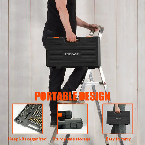 Person carrying a portable case containing the 62 Piece Screw Extractor Set With Left Hand Drill Bits For Broken Nuts And Stripped Bolts Beast Heavy Duty Bolt And Nut Remover Kit With Multi Spline And Spiral Extractors Portable Case For Home And Shop