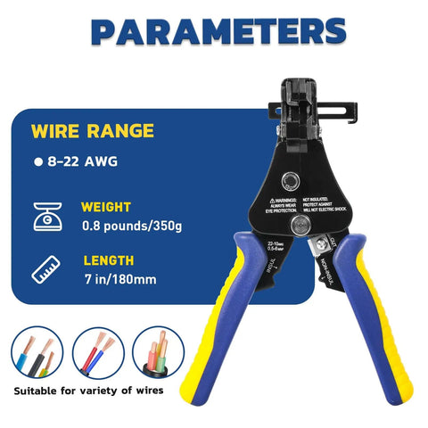 3 In 1 Automatic Wire Stripper Tool For 8 To 22 AWG Adjustable Heavy Duty Stripping Cutting And Crimping 7 Inch displayed with specs