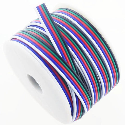 40 Ft 18 Gauge RGBW LED Strip Extension Cable With 5 Pin Connector For RGBW RGBWW Tape Lighting Flexible Copper Wire Pro Grade Quality 300V Safe 3.5A Capacity 40 Feet Per Spool coiled on a spool showing colorful wires