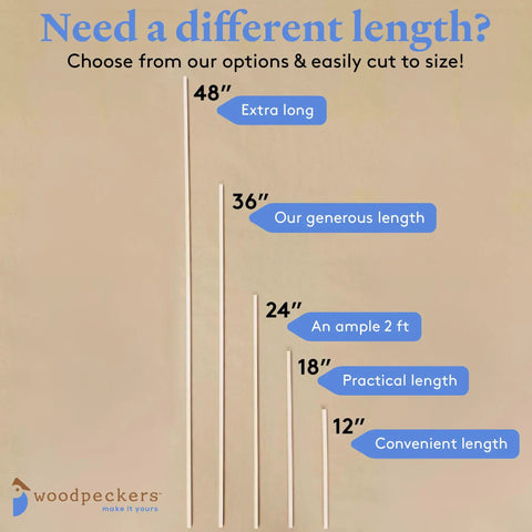 Premium Square Wood Dowel Rods For Serious Crafting And Diy Woodworking Projects Hella Durable showing various lengths 48, 36, 24, 18, and 12 inches.