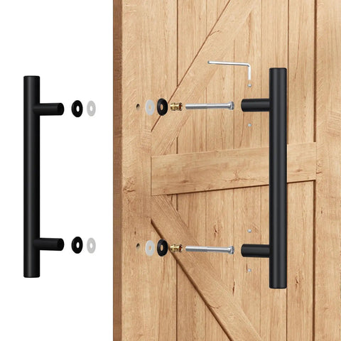 Matte Black Door Pull Handle Set For Glass And Wood Doors, 18 Inch, Double-Sided H-Type Grip With Smooth Round Tubes, Easy Push Or Pull, Perfect For Sliding Barn Doors, Shower Doors, Pantry Doors, Closets And Office Doors installed on wood door