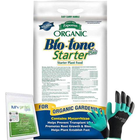 Bio Tone Starter Plus Plant Food 25 lb Organic Natural Growth Booster with Beneficial Microbes and Mycorrhizae, soil strips, gloves