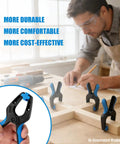 Heavy Duty 4 Inch Spring Clips 12 Pack Plastic Clamps With Steel Springs Built For Woodworking Backdrop Stands Pool Covers Photography And Crafts Built Tough For Strong Grip And Rust Resistant Performance shown in use by a woodworker at a workbench