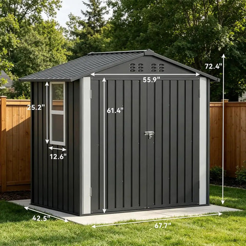 Outdoor Storage Shed With Window Lockable Garden Toolhouse For Backyard Use Ventilated Weather Resistant Durable Galvanized Steel Panels Built To Withstand Rain Wind And Snow Light Grey 6X4FT Backyard Workhorse shown in garden setting