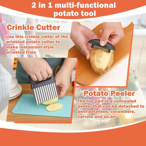 Hendiy 2-in-1 crinkle cutter and potato peeler, stainless steel blades with black handles, front view
