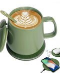 Olive Green Smart Temperature Control Heated Coffee Mug 13 Oz Premium Ceramic with wireless charger and latte art
