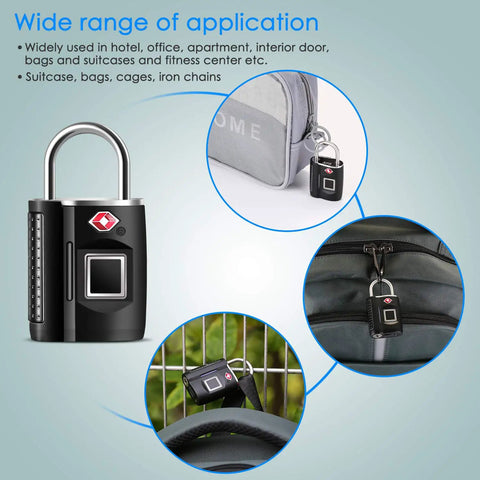Keyless Fingerprint Lock With TSA Approval For Gym Luggage Travel Home Storage Smart Digital Locker And Backpack Safe shown on backpack and suitcase