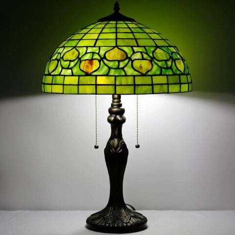 Tiffany Style Stained Glass Table Lamp 16 Inch Shade, 24 Inch Tall With Antique Bronze Base, Green Apple Heart Color