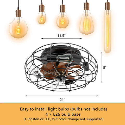 Low Profile 21 Inch Caged Ceiling Fan with Light and Remote, 360 Degree Metal Mesh, Polished Black Finish, Faux Wood Accents