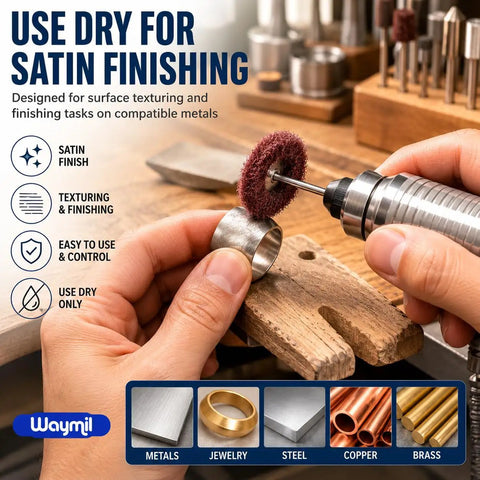 1 1 2 Inch Medium Grit Satin Finish Abrasive Buff Wheel With 1 8 Inch Shank Mounted For Rotary Tools And Flex Shaft in use on metal ring