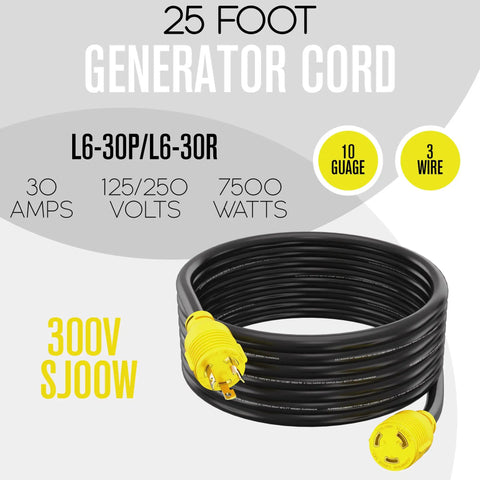 Heavy Duty 30 Amp L6 30 Generator Cable 25 Foot Extension Cord With 3 Prong 250V NEMA Twist Lock RV Ready UL ETL Listed 10 Gauge