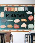 43 Pcs Math Talk Bulletin Board Set for Classrooms with Visual Cues and Sentence Starters displayed in a school setting.