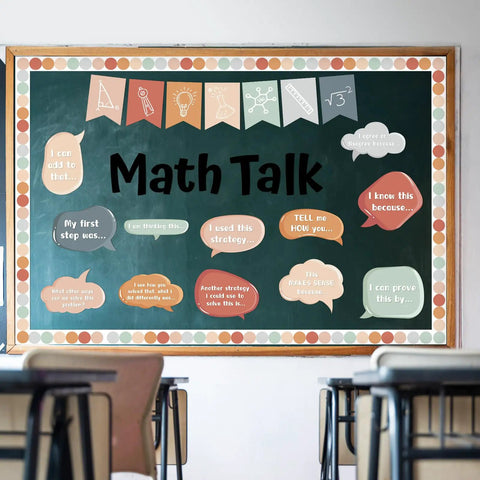 43 Pcs Math Talk Bulletin Board Set for Classrooms with Visual Cues and Sentence Starters displayed in a school setting.