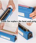 Guide showing replacement of heat seal strip on 8 Inch Manual Heat Sealer For Plastic Bags