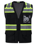 Heavy Duty Class Two Hi Vis Safety Vest Zip Front Five Pocket Tool Storage Unisex Workwear Ansi Isea Compliant Job Site Ready Reflective Gear Built Tough Black Three X Large Crew Approved front view with reflective stripes.