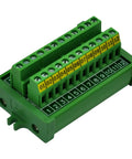 Durable Screw Mount Terminal Block Distribution Module, 12 Positions, 24A Per Position, 400V Rating, 5.0 mm Pitch, green housing.