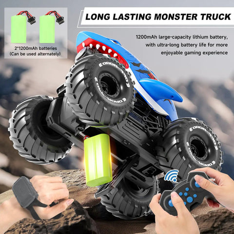 Gesture Sensing Amphibious RC Monster Truck with Water Sprayer, showing 4WD tires, remote, and replaceable 1200mAh batteries.
