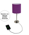 Brushed Steel Stick Table Lamp Set With Charging Outlet And Purple Fabric Shades Two Pack For A Slick Modern Look On Nightstands Or Desks