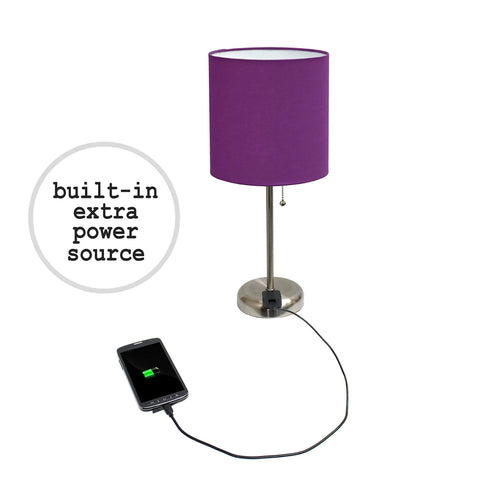 Brushed Steel Stick Table Lamp Set With Charging Outlet And Purple Fabric Shades Two Pack For A Slick Modern Look On Nightstands Or Desks