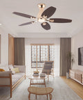 Ceiling Fan with Light Chandelier Modern Gold 5 Blades for Living Room hanging above a stylish sofa in a bright living area.