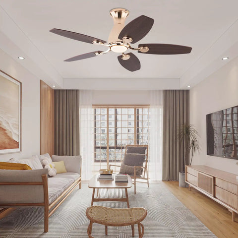 Ceiling Fan with Light Chandelier Modern Gold 5 Blades for Living Room hanging above a stylish sofa in a bright living area.