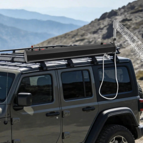 Portable Road Shower For Camping And Outdoors, 5.3 Gallon Pressurized Water Tank mounted on SUV roof with chrome head