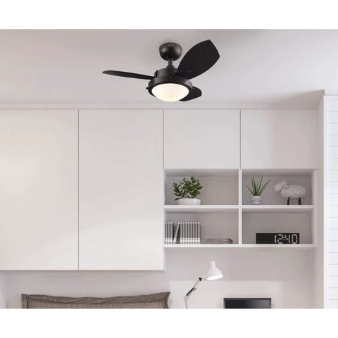 Wengue 30 Inch Indoor Ceiling Fan With Light, Espresso Finish, Dark Cherry Blades, 16W LED, Mounted in Small Room with White Walls