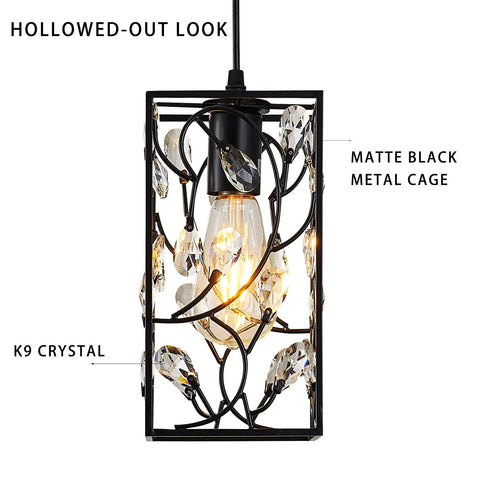 Modern Mini Crystal Pendant Light With Metal Cage 1 Light Rectangular Pendant Fixture In Brushed Nickel Finish with K9 crystal