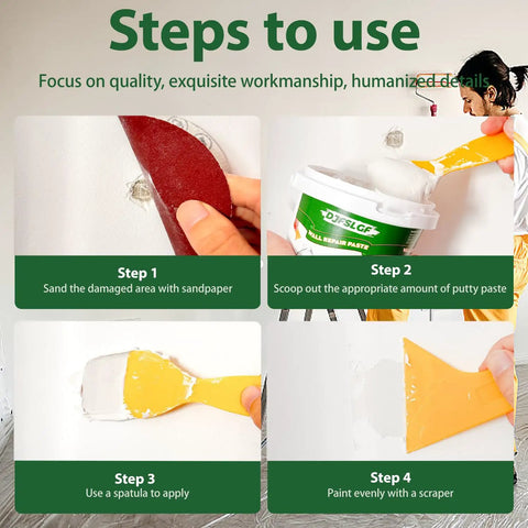 Instructional steps for Drywall Patch Repair Kit, 18 Oz Spackle Wall Repair Paste With Scraper, Quick Drying For Holes And Cracks.