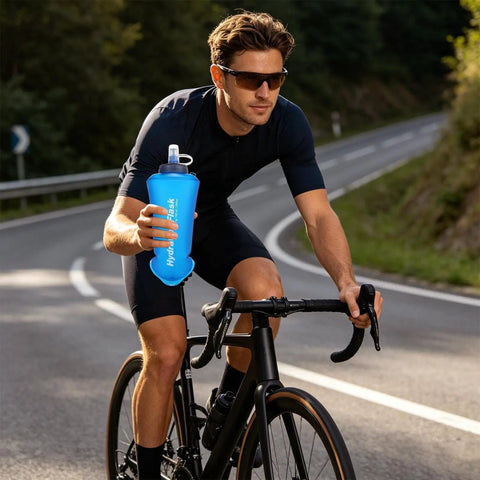 Cyclist holding Foldable Hydration Bottle For Hiking And Running, 11.42 Inch Squeeze Bladder With Leakproof Caps, blue design