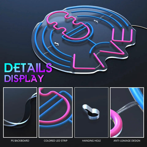 Dimmable Neon Sign Live On Air USB LED Lights detail shot highlighting microphone design, LED strip, hanging hole, anti-leakage, PS backboard.