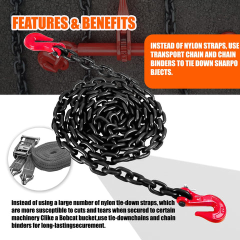Transport Binder Chain Five Sixteenth Inch By Ten Foot Grade 80 Alloy With Four Thousand Nine Hundred Pounds Safe Working Load Tow Chain With Clevis Grab Hooks Ideal For Transporting Towing And Securing Equipment coiled with red hooks