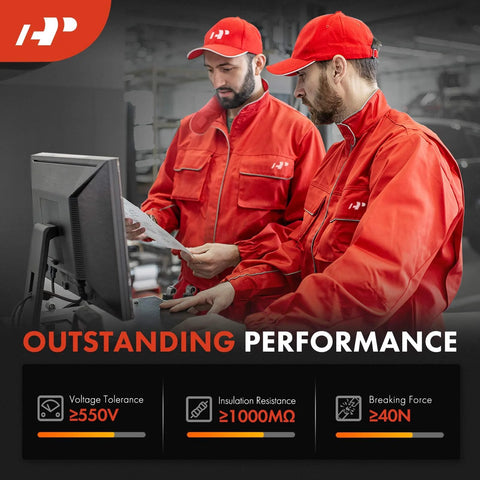 Two automotive technicians in red uniforms at a computer, related to A-Premium brake pad wear sensor set for Porsche Cayenne.