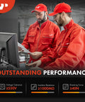 A-Premium rear brake pad wear sensor, front view of two technicians in red coveralls at a workshop desk.