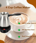 Stainless Steel 600ml 110V Turkish Coffee Pot Go-To All-In-One Kettle For Home And Travel with dual protection, front view.
