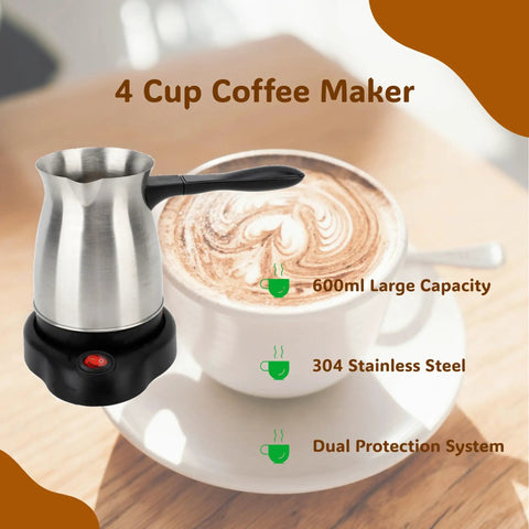 Stainless Steel 600ml 110V Turkish Coffee Pot Go-To All-In-One Kettle For Home And Travel with dual protection, front view.