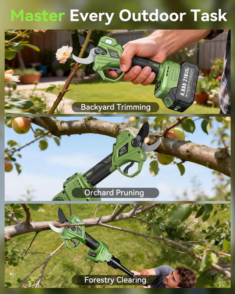 Cordless 2-In-1 Electric Pruning Shears With Extension Pole No Ladder Needed Reach from handheld to 15 ft for tree trimming.