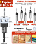 Five Piece Countersink Drill Bit Kit With HSS Tapered Bits, Hex Shank, Two Depth Stops, shown with parameters for wood, plywood.
