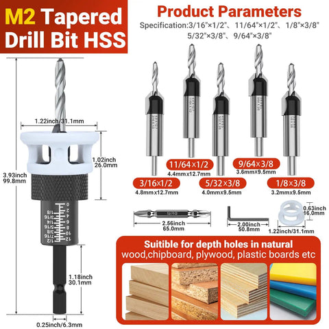 Five Piece Countersink Drill Bit Kit With HSS Tapered Bits, Hex Shank, Two Depth Stops, shown with parameters for wood, plywood.