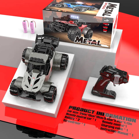 Monster RC Truck With 2.4 GHz Remote Control, Metal Shell, Top Speed 20 KmH displayed with remote, batteries, and packaging