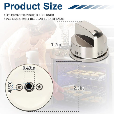 Dimensions and side view of Upgraded LG Gas Stove Knob Set 4 Pack With 1 Boiling Control Knob Replacement for LG LRG30357ST.