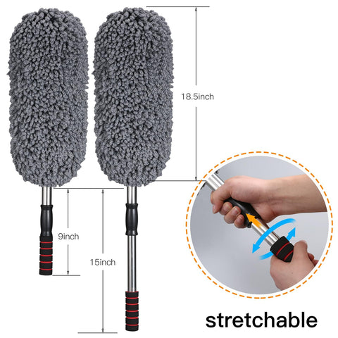 Three Pack Large Microfiber Car Duster With Extendable Handle For Scratch Free Exterior And Multipurpose Interior Dust Cleaning For Cars And Home Perfect For Grab And Go Auto Detailing Inside And Out Dusting Dashboards Screens Vents And More showing extendable handle and dimensions.