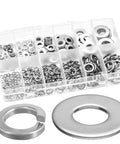 260 Pcs Stainless Steel Lock And Flat Washer Set M3 To M10 with spring lock and flat washers visible in storage box.